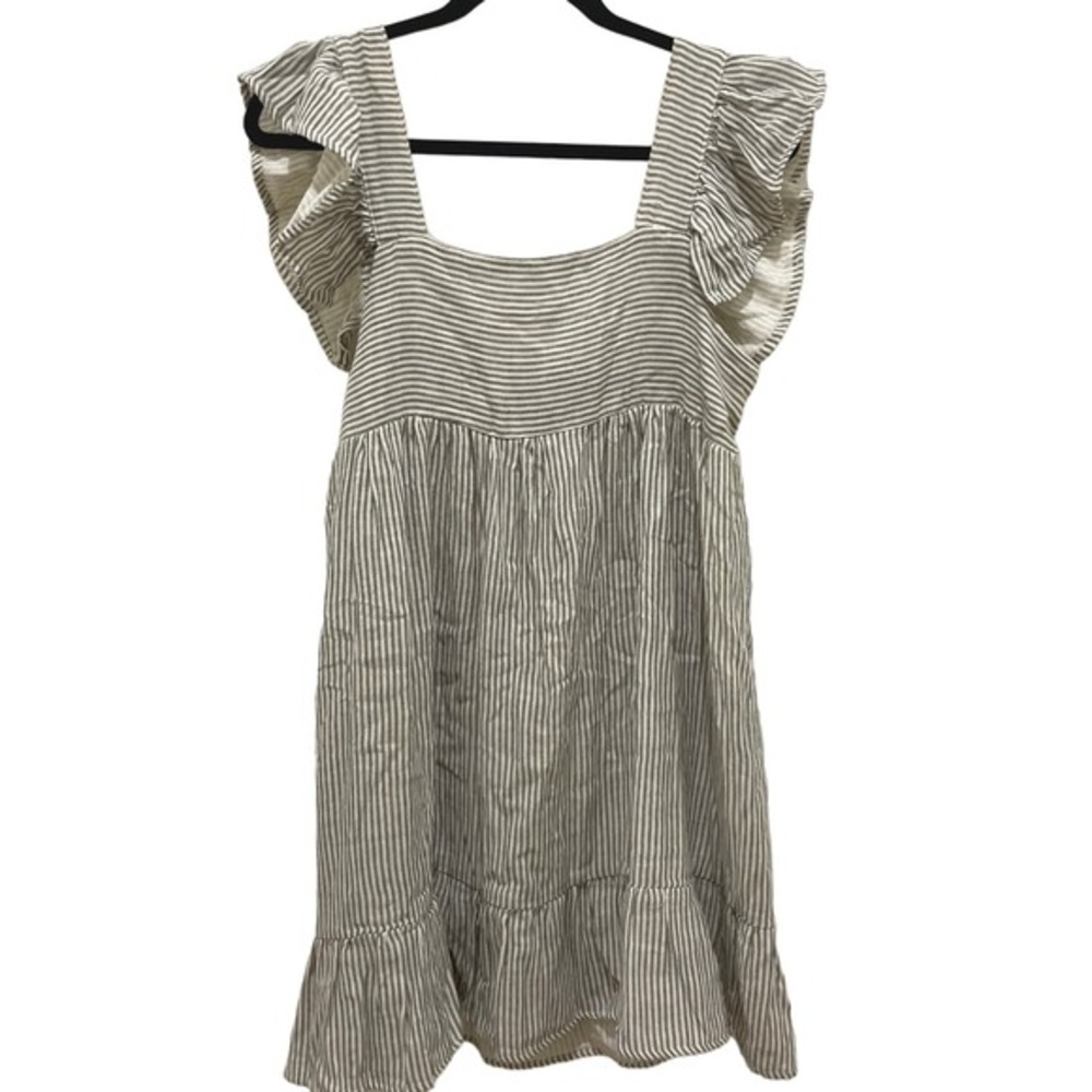 Miou Muse Gray & Cream Stripe Ruffle Sleeve Tiered Mini Dress